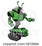 Poster, Art Print Of Cyborg Containing Dual Retro Camera Head And Shrimp Head And Heavy Upper Chest And Tank Tracks Secondary Green Halftone Interacting