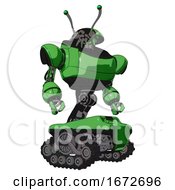 Poster, Art Print Of Cyborg Containing Dual Retro Camera Head And Shrimp Head And Heavy Upper Chest And Tank Tracks Secondary Green Halftone Hero Pose