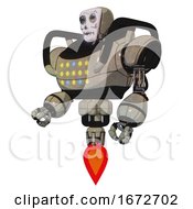 Poster, Art Print Of Mech Containing Humanoid Face Mask And Skeleton War Paint And Heavy Upper Chest And Colored Lights Array And Jet Propulsion Grungy Fiberglass Facing Right View