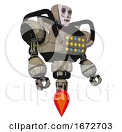 Poster, Art Print Of Mech Containing Humanoid Face Mask And Skeleton War Paint And Heavy Upper Chest And Colored Lights Array And Jet Propulsion Grungy Fiberglass Facing Left View