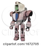 Poster, Art Print Of Automaton Containing Old Computer Monitor And Angry Pixels Face And Retro-Futuristic Webcam And Heavy Upper Chest And Blue Shield Defense Design And Prototype Exoplate Legs Powder Pink Metal
