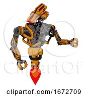 Automaton Containing Dual Retro Camera Head And Laser Gun Head And Heavy Upper Chest And No Chest Plating And Jet Propulsion Primary Yellow Halftone Fight Or Defense Pose