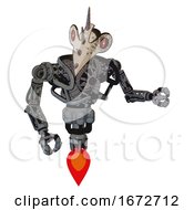 Poster, Art Print Of Cyborg Containing Bird Skull Head And Red Line Eyes And Heavy Upper Chest And No Chest Plating And Jet Propulsion Patent Concrete Gray Metal Fight Or Defense Pose