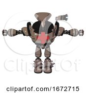Poster, Art Print Of Mech Containing Flat Elongated Skull Head And Heavy Upper Chest And First Aid Chest Symbol And Light Leg Exoshielding And Spike Foot Mod Khaki Halftone T-Pose