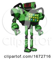 Poster, Art Print Of Automaton Containing Dual Retro Camera Head And Clock Radio Head And Heavy Upper Chest And Colored Lights Array And Ultralight Foot Exosuit Secondary Green Halftone Hero Pose