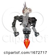 Poster, Art Print Of Cyborg Containing Bird Skull Head And Red Line Eyes And Heavy Upper Chest And No Chest Plating And Jet Propulsion Patent Concrete Gray Metal Hero Pose