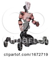 Poster, Art Print Of Bot Containing Humanoid Face Mask And Light Chest Exoshielding And Chest Green Blue Lights Array And Insect Walker Legs Toon Pink Tint Facing Left View