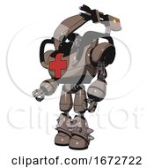 Poster, Art Print Of Mech Containing Flat Elongated Skull Head And Heavy Upper Chest And First Aid Chest Symbol And Light Leg Exoshielding And Spike Foot Mod Khaki Halftone Facing Right View