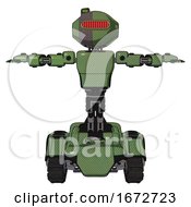 Poster, Art Print Of Droid Containing Oval Wide Head And Red Horizontal Visor And Green Led Ornament And Light Chest Exoshielding And Prototype Exoplate Chest And Tank Tracks Grass Green T-Pose