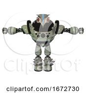 Poster, Art Print Of Droid Containing Bird Skull Head And Red Line Eyes And Head Shield Design And Heavy Upper Chest And Chest Compound Eyes And Light Leg Exoshielding And Spike Foot Mod Green Metal T-Pose