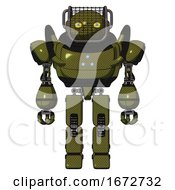 Poster, Art Print Of Bot Containing Oval Wide Head And Yellow Eyes And Barbed Wire Visor Helmet And Heavy Upper Chest And Triangle Of Blue Leds And Prototype Exoplate Legs Army Green Halftone Front View