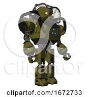 Poster, Art Print Of Bot Containing Oval Wide Head And Yellow Eyes And Barbed Wire Visor Helmet And Heavy Upper Chest And Triangle Of Blue Leds And Prototype Exoplate Legs Army Green Halftone Facing Left View