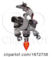 Poster, Art Print Of Cyborg Containing Flat Elongated Skull Head And Spider Crown And Heavy Upper Chest And Heavy Mech Chest And Jet Propulsion Halftone Gray Facing Left View