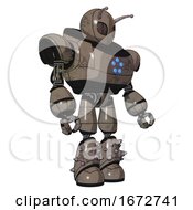Poster, Art Print Of Mech Containing Grey Alien Style Head And Metal Grate Eyes And Bug Antennas And Heavy Upper Chest And Circle Of Blue Leds And Light Leg Exoshielding And Spike Foot Mod Patent Khaki Metal