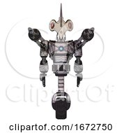 Poster, Art Print Of Bot Containing Bird Skull Head And Red Line Eyes And Light Chest Exoshielding And Blue Energy Core And Minigun Back Assembly And Unicycle Wheel Scribble Sketch Front View
