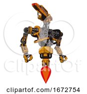 Poster, Art Print Of Automaton Containing Dual Retro Camera Head And Laser Gun Head And Heavy Upper Chest And No Chest Plating And Jet Propulsion Primary Yellow Halftone Hero Pose