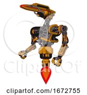 Poster, Art Print Of Automaton Containing Dual Retro Camera Head And Laser Gun Head And Heavy Upper Chest And No Chest Plating And Jet Propulsion Primary Yellow Halftone Facing Right View