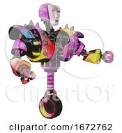 Poster, Art Print Of Cyborg Containing Humanoid Face Mask And Spiral Design And Heavy Upper Chest And Heavy Mech Chest And Shoulder Spikes And Unicycle Wheel Plasma Burst Interacting