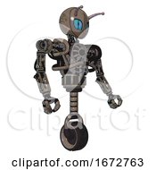 Poster, Art Print Of Droid Containing Grey Alien Style Head And Blue Grate Eyes And Bug Antennas And Heavy Upper Chest And No Chest Plating And Unicycle Wheel Patent Khaki Metal Facing Left View