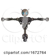Poster, Art Print Of Droid Containing Grey Alien Style Head And Blue Grate Eyes And Bug Antennas And Heavy Upper Chest And No Chest Plating And Unicycle Wheel Patent Khaki Metal T-Pose