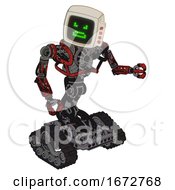 Poster, Art Print Of Android Containing Old Computer Monitor And Angry Pixels Face And Red Buttons And Heavy Upper Chest And No Chest Plating And Tank Tracks Grunge Dots Cherry Tomato Red Fight Or Defense Pose