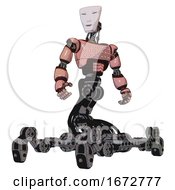 Poster, Art Print Of Bot Containing Humanoid Face Mask And Light Chest Exoshielding And Chest Green Blue Lights Array And Insect Walker Legs Toon Pink Tint Hero Pose