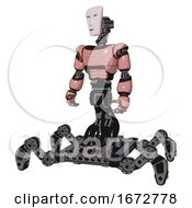 Poster, Art Print Of Bot Containing Humanoid Face Mask And Light Chest Exoshielding And Chest Green Blue Lights Array And Insect Walker Legs Toon Pink Tint Standing Looking Right Restful Pose