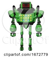 Poster, Art Print Of Automaton Containing Dual Retro Camera Head And Clock Radio Head And Heavy Upper Chest And Colored Lights Array And Ultralight Foot Exosuit Secondary Green Halftone Front View