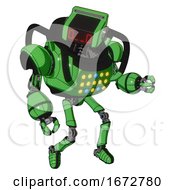 Poster, Art Print Of Automaton Containing Dual Retro Camera Head And Clock Radio Head And Heavy Upper Chest And Colored Lights Array And Ultralight Foot Exosuit Secondary Green Halftone Fight Or Defense Pose