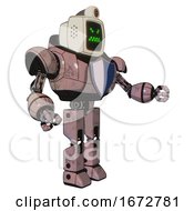 Automaton Containing Old Computer Monitor And Angry Pixels Face And Retro Futuristic Webcam And Heavy Upper Chest And Blue Shield Defense Design And Prototype Exoplate Legs Powder Pink Metal