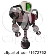 Poster, Art Print Of Bot Containing Old Computer Monitor And Three Lines Pixel Design And Heavy Upper Chest And Red Shield Defense Design And Unicycle Wheel Dusty Rose Red Metal Facing Left View