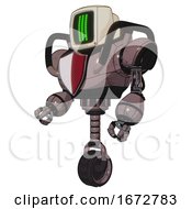 Poster, Art Print Of Bot Containing Old Computer Monitor And Three Lines Pixel Design And Heavy Upper Chest And Red Shield Defense Design And Unicycle Wheel Dusty Rose Red Metal Facing Right View