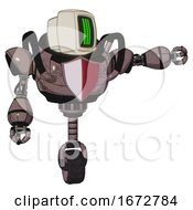 Poster, Art Print Of Bot Containing Old Computer Monitor And Three Lines Pixel Design And Heavy Upper Chest And Red Shield Defense Design And Unicycle Wheel Dusty Rose Red Metal Pointing Left Or Pushing A Button
