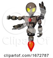 Poster, Art Print Of Mech Containing Grey Alien Style Head And Yellow Eyes And Light Chest Exoshielding And Red Chest Button And Minigun Back Assembly And Jet Propulsion Patent Khaki Metal