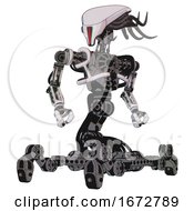 Poster, Art Print Of Bot Containing Flat Elongated Skull Head And Cables And Heavy Upper Chest And No Chest Plating And Insect Walker Legs White Halftone Toon Hero Pose