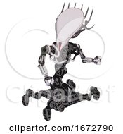 Poster, Art Print Of Bot Containing Flat Elongated Skull Head And Cables And Heavy Upper Chest And No Chest Plating And Insect Walker Legs White Halftone Toon Fight Or Defense Pose
