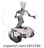 Poster, Art Print Of Mech Containing Humanoid Face Mask And Blood Tears And Light Chest Exoshielding And No Chest Plating And Tank Tracks White Halftone Toon Fight Or Defense Pose