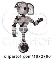 Poster, Art Print Of Bot Containing Oval Wide Head And Barbed Wire Visor Helmet And Light Chest Exoshielding And Chest Valve Crank And Unicycle Wheel Grunge Sketch Dots Interacting