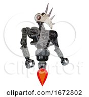 Poster, Art Print Of Cyborg Containing Bird Skull Head And Red Line Eyes And Heavy Upper Chest And No Chest Plating And Jet Propulsion Patent Concrete Gray Metal Facing Left View