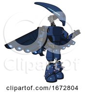 Poster, Art Print Of Mech Containing Flat Elongated Skull Head And Light Chest Exoshielding And Prototype Exoplate Chest And Cherub Wings Design And Light Leg Exoshielding And Spike Foot Mod Dark Blue Halftone