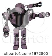 Poster, Art Print Of Cyborg Containing Grey Alien Style Head And Black Eyes And Bug Antennas And Heavy Upper Chest And Chest Vents And Prototype Exoplate Legs Lilac Metal Pointing Left Or Pushing A Button