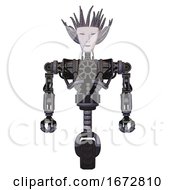 Poster, Art Print Of Cyborg Containing Humanoid Face Mask And Heavy Upper Chest And No Chest Plating And Unicycle Wheel Light Lavender Metal Front View