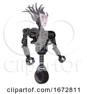 Poster, Art Print Of Cyborg Containing Humanoid Face Mask And Heavy Upper Chest And No Chest Plating And Unicycle Wheel Light Lavender Metal Facing Left View