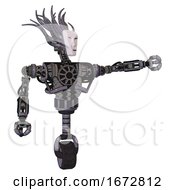 Poster, Art Print Of Cyborg Containing Humanoid Face Mask And Heavy Upper Chest And No Chest Plating And Unicycle Wheel Light Lavender Metal Pointing Left Or Pushing A Button