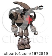 Poster, Art Print Of Mech Containing Flat Elongated Skull Head And Heavy Upper Chest And First Aid Chest Symbol And Light Leg Exoshielding And Spike Foot Mod Khaki Halftone Facing Left View