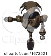 Poster, Art Print Of Mech Containing Flat Elongated Skull Head And Heavy Upper Chest And Chest Compound Eyes And Unicycle Wheel Light Brown Halftone Arm Out Holding Invisible Object
