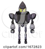 Poster, Art Print Of Mech Containing Grey Alien Style Head And Yellow Eyes With Blue Pupils And Alien Bug Creature Hat And Heavy Upper Chest And Chest Vents And Ultralight Foot Exosuit Light Lavender Metal Front View