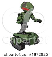 Poster, Art Print Of Droid Containing Oval Wide Head And Red Horizontal Visor And Green Led Ornament And Light Chest Exoshielding And Prototype Exoplate Chest And Tank Tracks Grass Green Fight Or Defense Pose