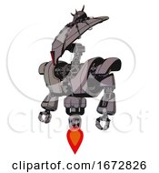 Poster, Art Print Of Cyborg Containing Flat Elongated Skull Head And Spider Crown And Heavy Upper Chest And Heavy Mech Chest And Jet Propulsion Halftone Gray Standing Looking Right Restful Pose