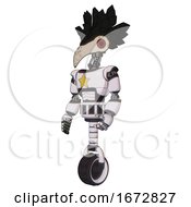 Poster, Art Print Of Android Containing Bird Skull Head And Red Led Circle Eyes And Crow Feather Design And Light Chest Exoshielding And Yellow Star And Unicycle Wheel White Halftone Toon Facing Right View